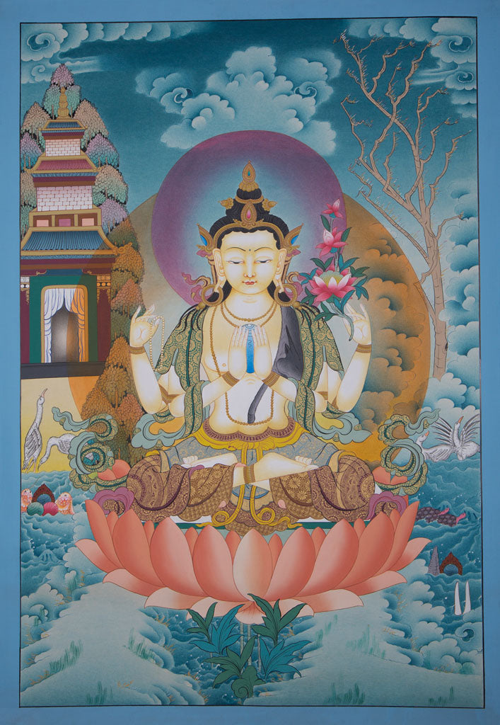 Best color combination Thangka painting of 4 arm Chenrezig - Lucky Thanka