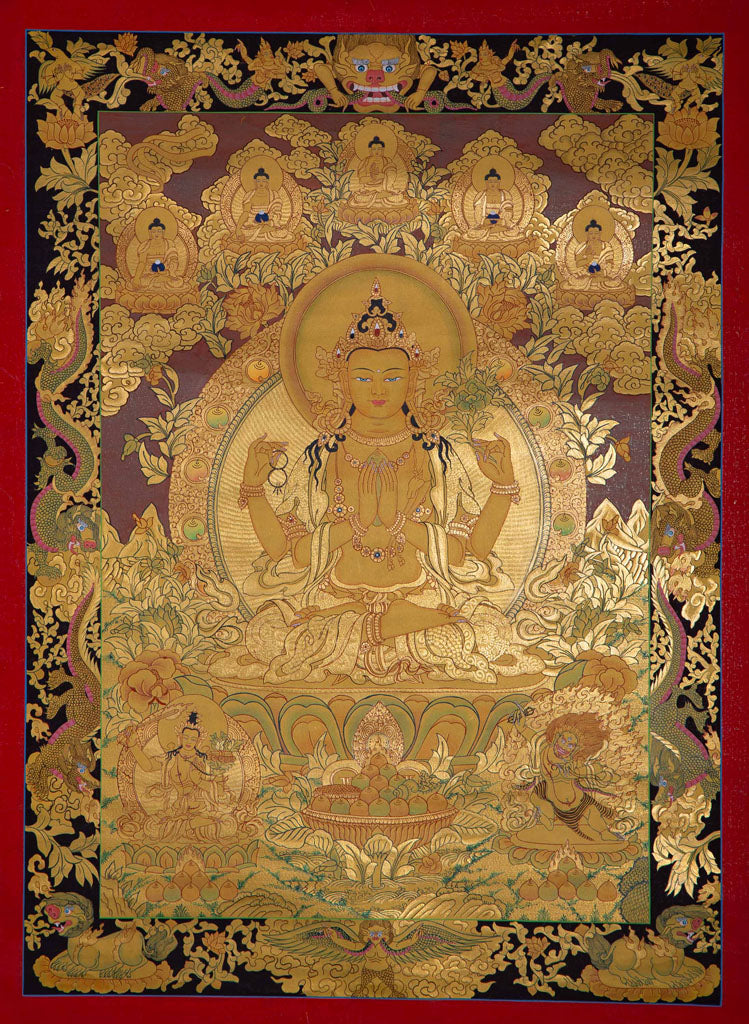 Gold Painted on cotton Canvas Tibetan Thangka Painting of Chenrezig | High Quality Collection - Lucky Thanka