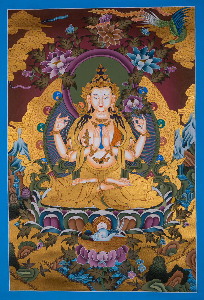 Great Bodhisattva of love and compassion | 4 arm chenrezig Tibetan thangka Buy Now - Lucky Thanka
