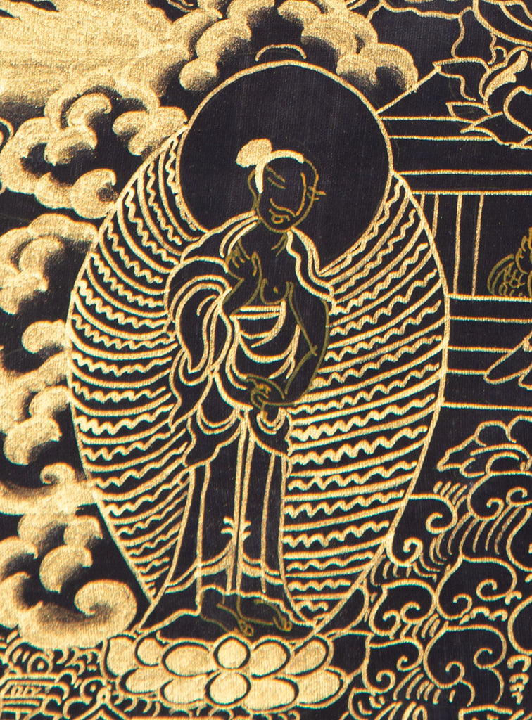 Life Story of The Shakyamuni Buddha painted on Thangka with Black & Gold color - Lucky Thanka