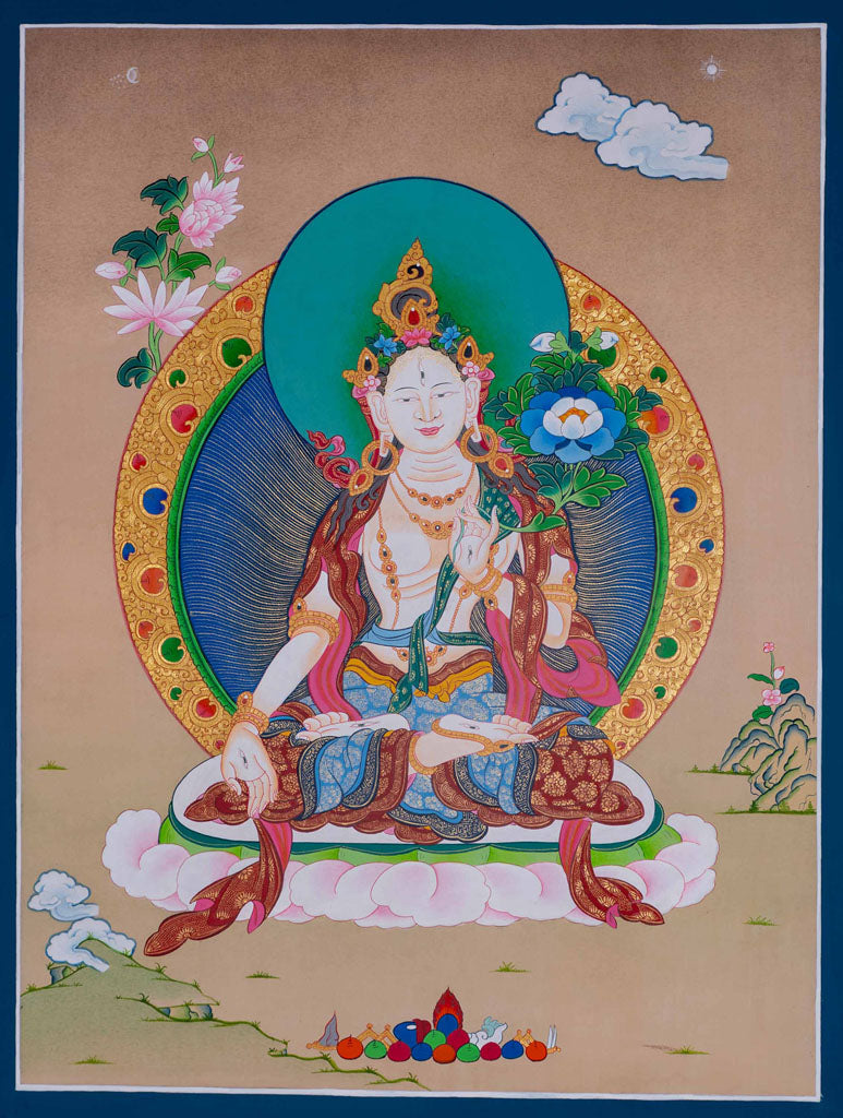OM TARE TUTTARE TURE SVAHA | White Tara Tibetan Thangka Painting - Lucky Thanka