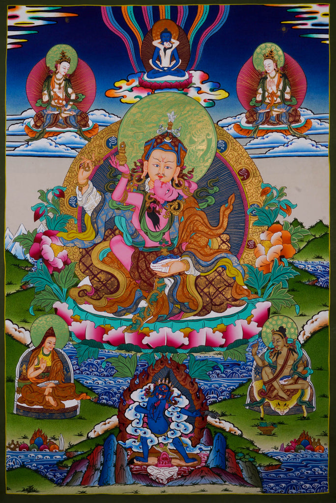 Thangka Painting - Guru Rinpoche with his consort  - Handmade thangka painting - LuckyThanka
