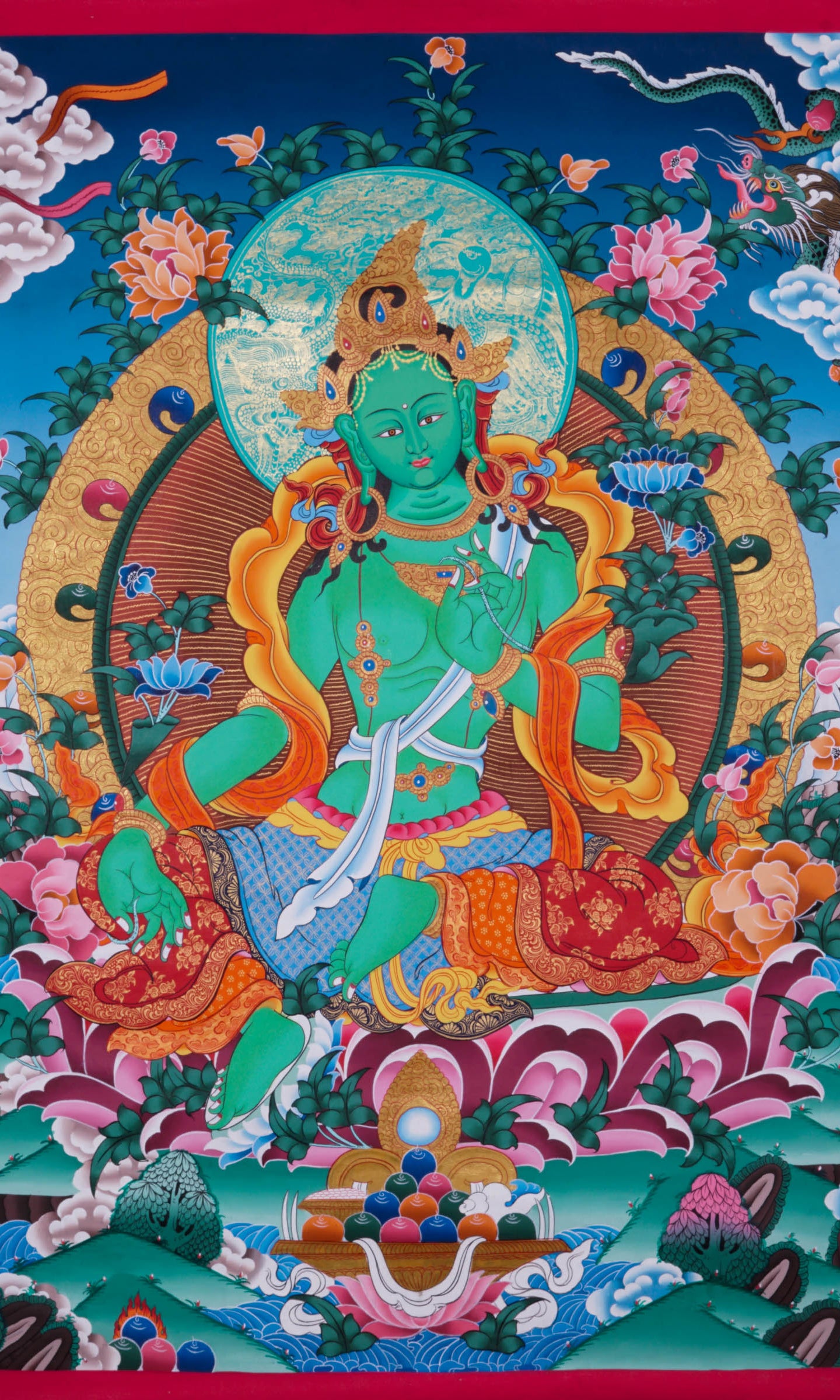 Green Tara Thangka Art - Best handpainted thangka painting - LuckyThanka