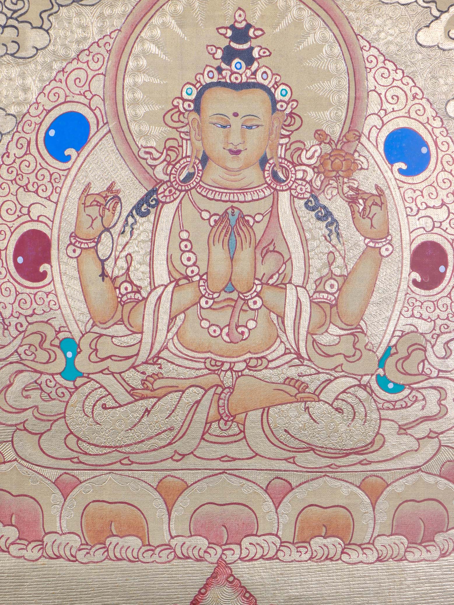 Golden Painting of 4 armed Chenrezig - Lucky Thanka