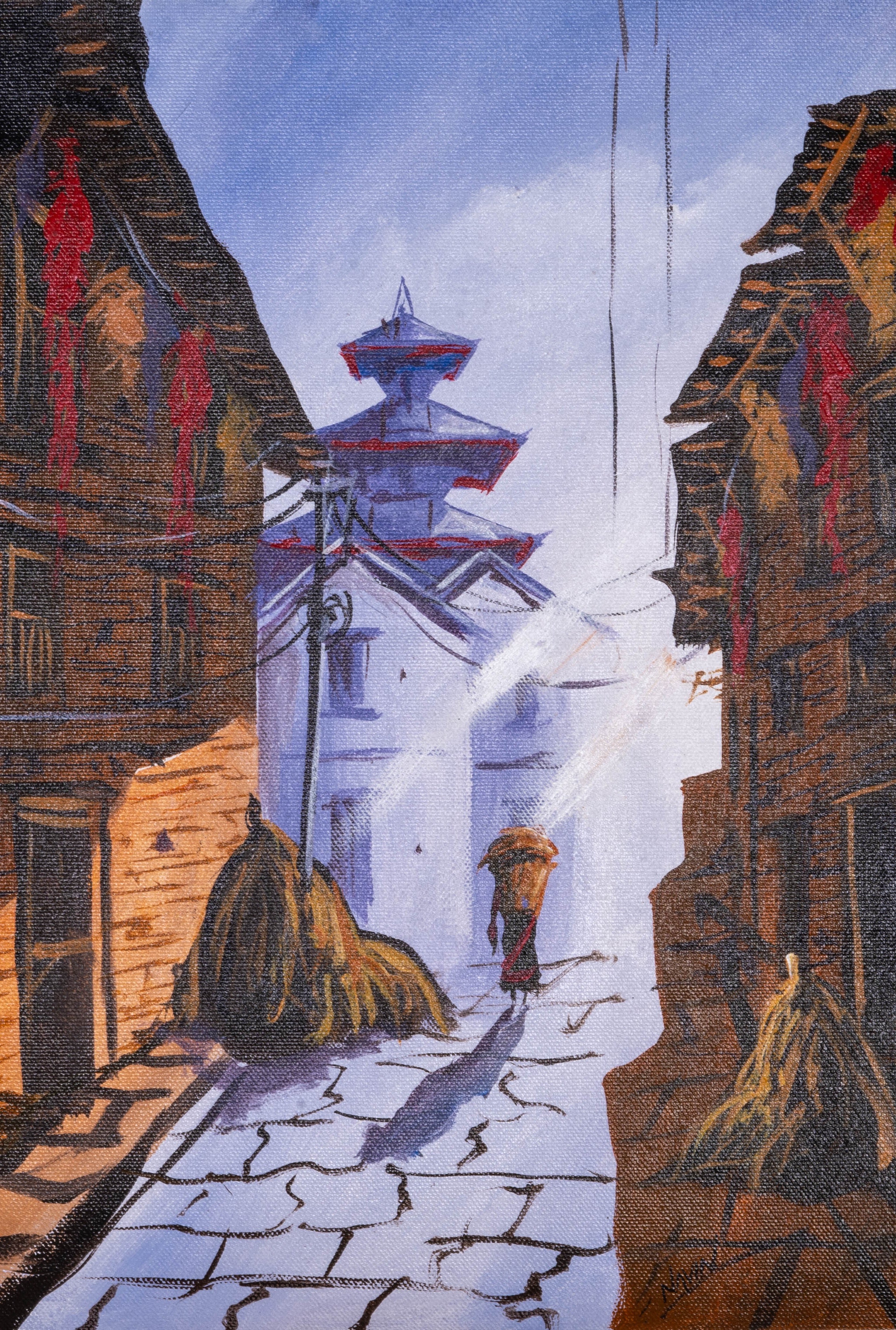 Oil Painting of Street of Kathmandu Valley - Lucky Thanka