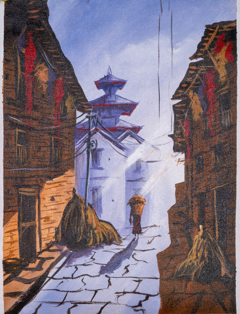 Oil Painting of Street of Kathmandu Valley - Lucky Thanka