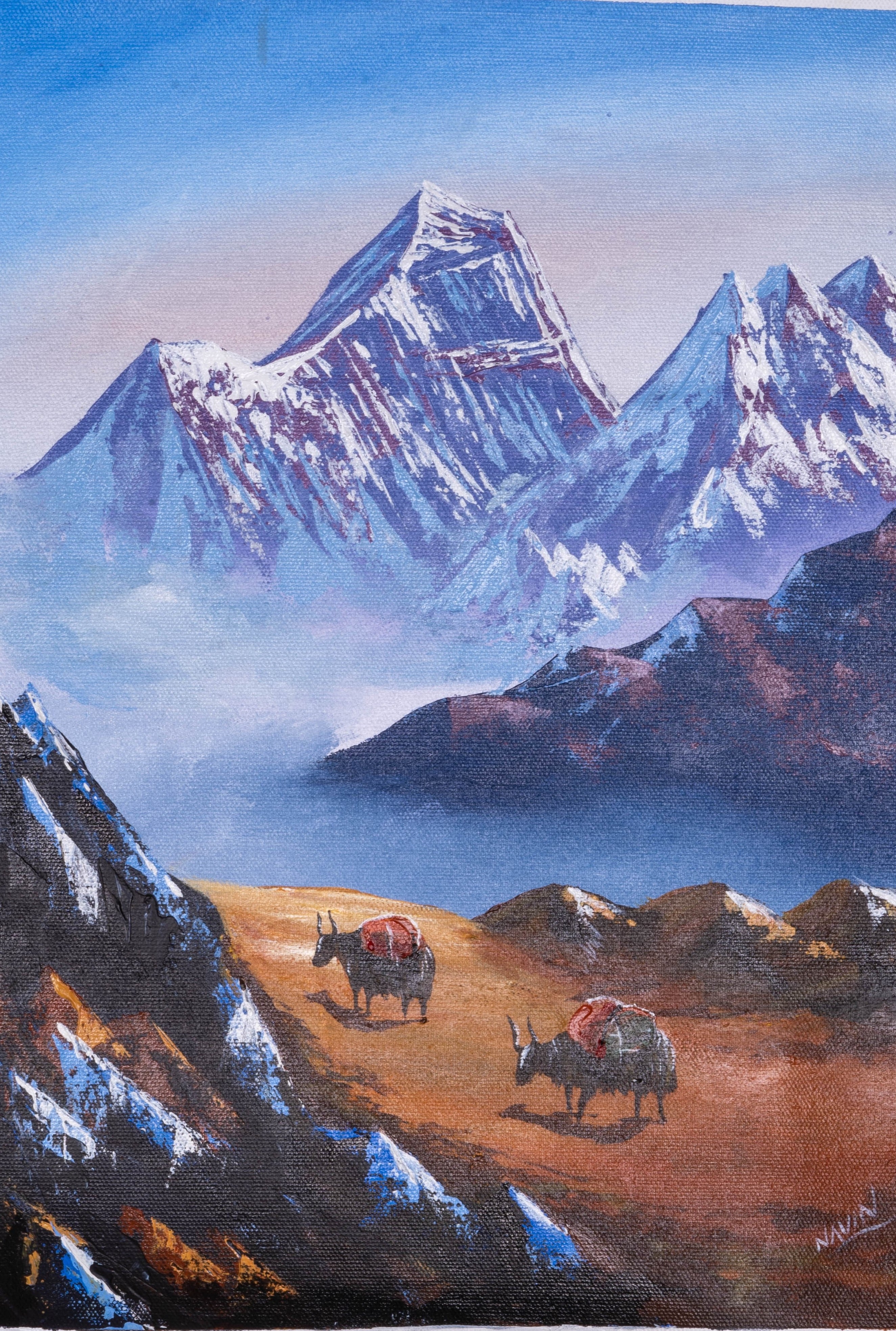 Oil Painting of Mount Everest - Yaks on their way - Lucky Thanka