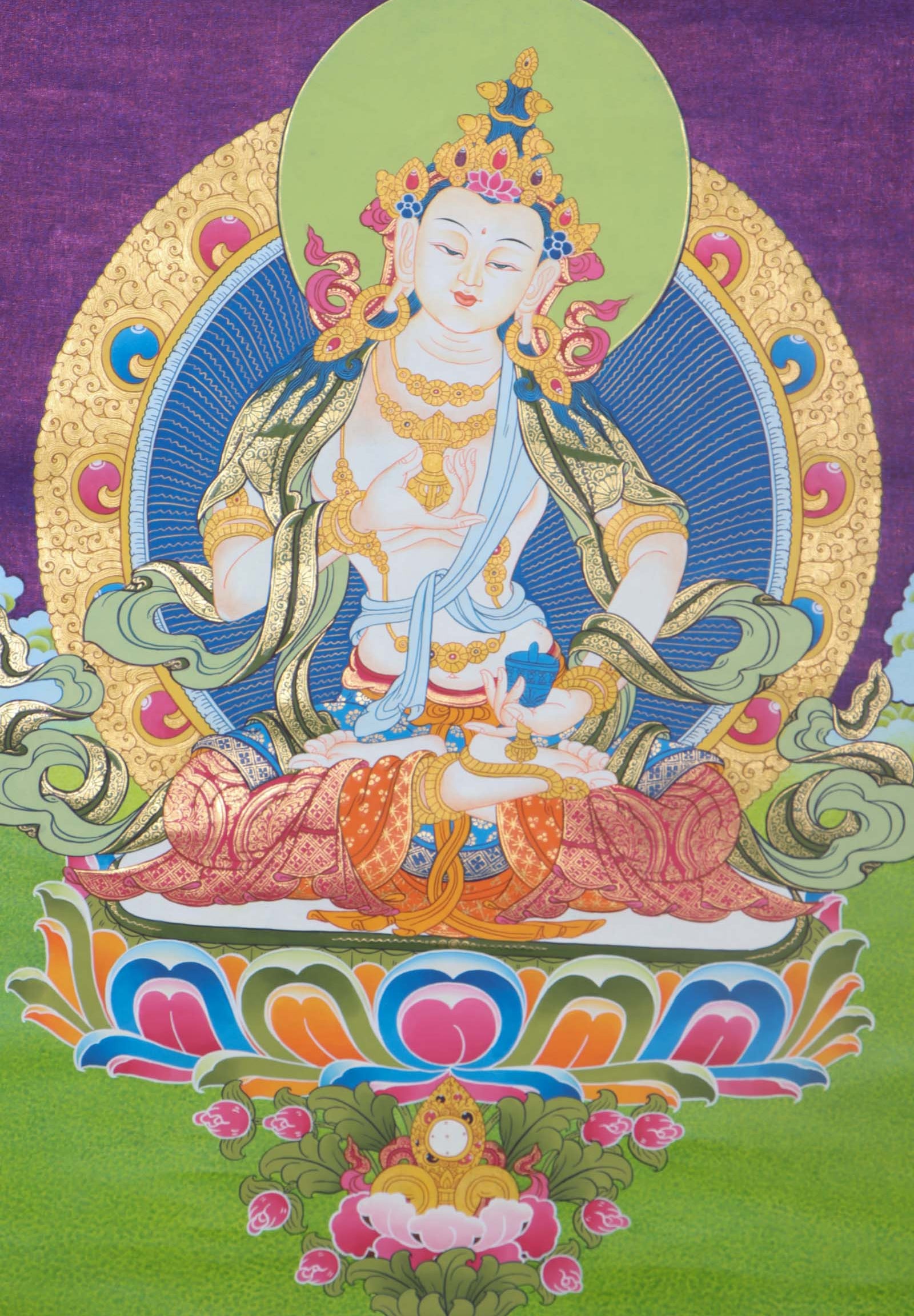 Vajrasattva Thangka - a colorful painting featuring a peaceful deity with white skin and a gentle expression. Holding a vajra and a bell, he sits on a lotus flower, surrounded by intricate patterns and symbols. A powerful representation of purity and enlightenment in Tibetan Buddhism.