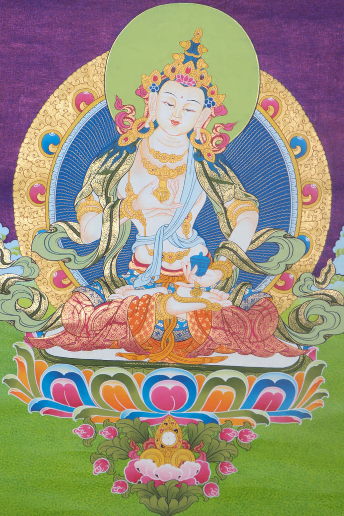 Vajrasattva Thangka - a colorful painting featuring a peaceful deity with white skin and a gentle expression. Holding a vajra and a bell, he sits on a lotus flower, surrounded by intricate patterns and symbols. A powerful representation of purity and enlightenment in Tibetan Buddhism.