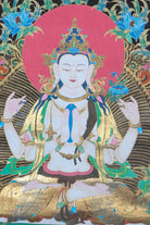 Four Arm Chenrezig Bodhisattva thangka painting depicts the Buddhist deity with multiple arms, each holding symbolic objects representing compassion and wisdom. The vibrant colors and intricate details of the thangka invite the viewer to meditate on the embodiment of enlightenment and seek inner peace.