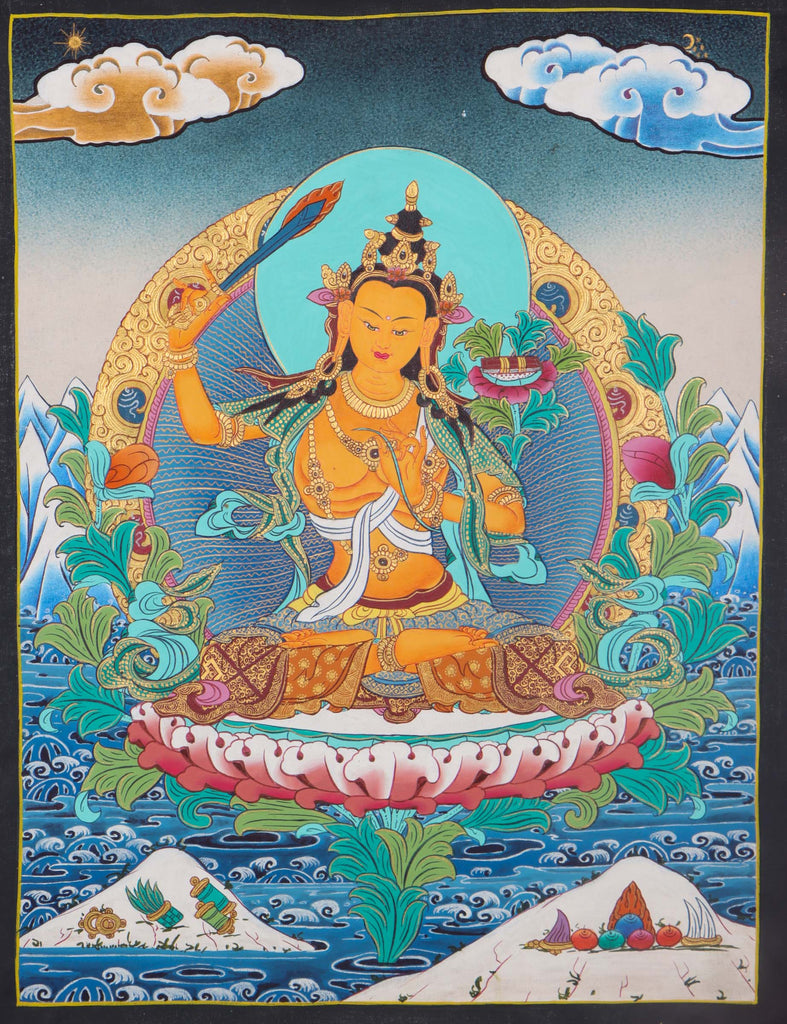 Manjushri holding Prajna - Handpainted thangka art - Lucky Thanka