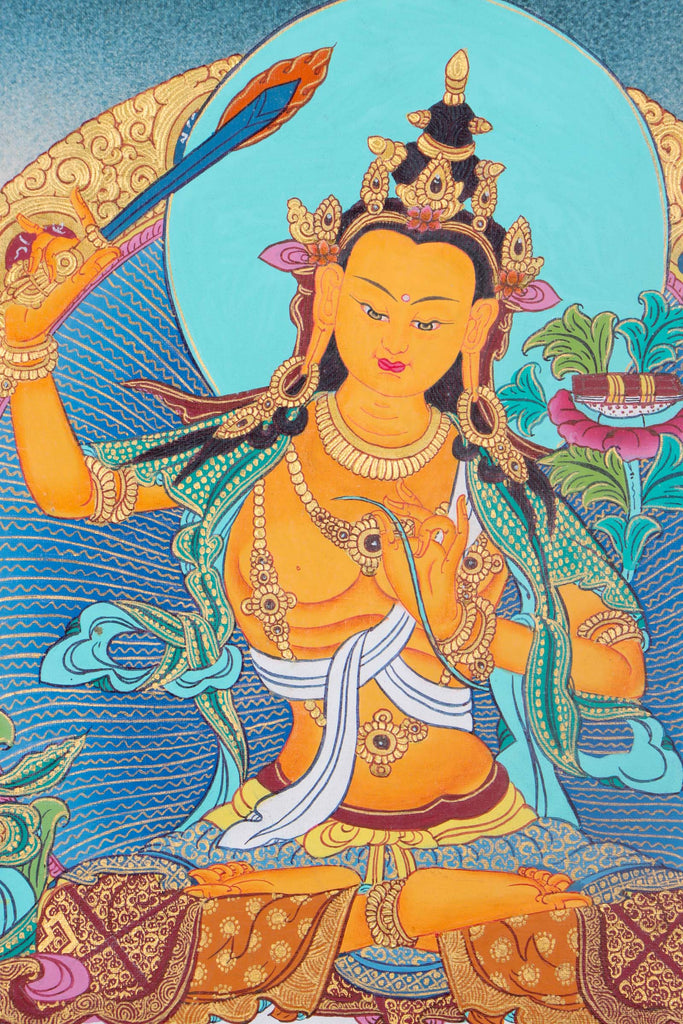 Manjushri holding Prajna - Handpainted thangka art - Lucky Thanka