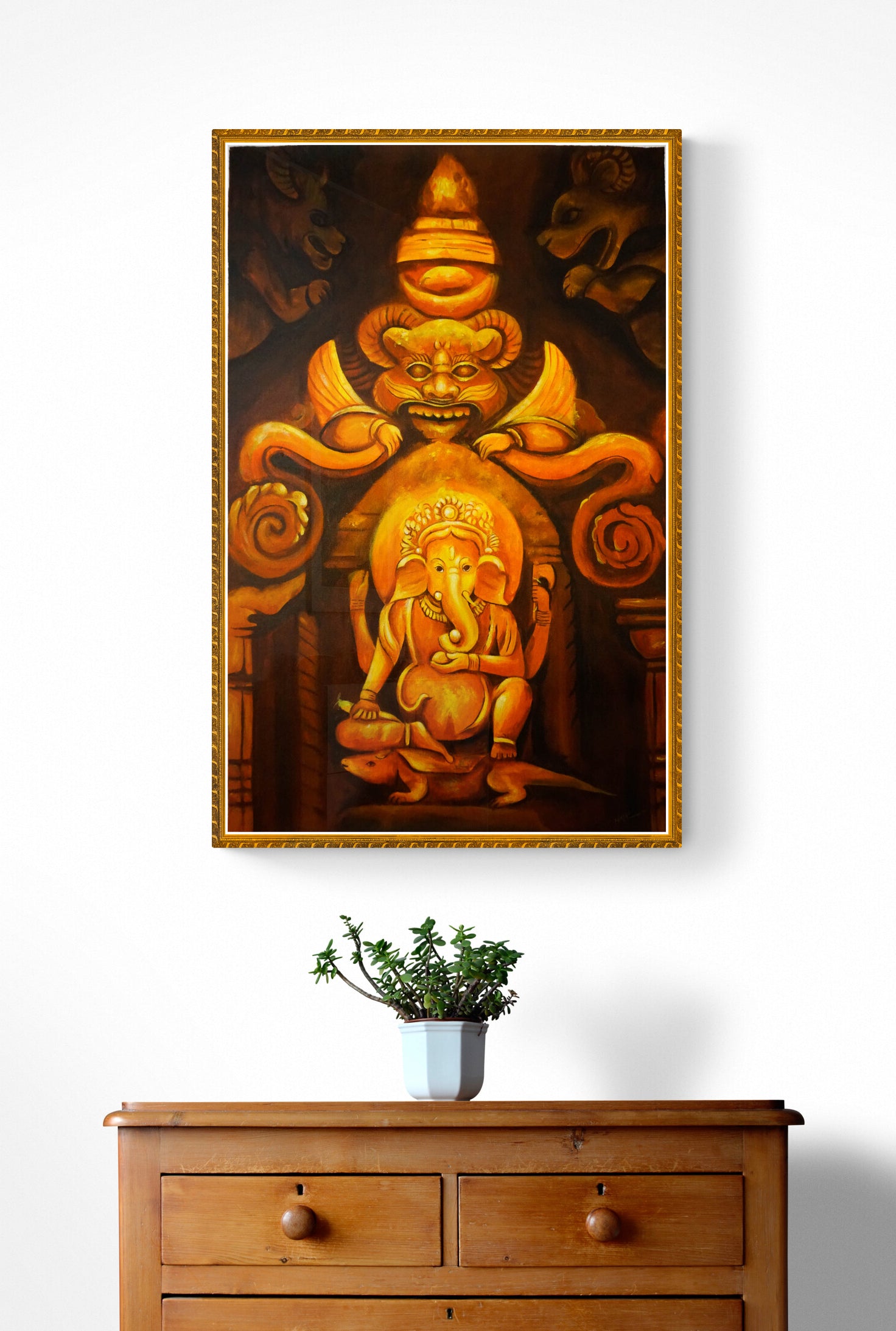 Original Oil Painting of Hindu deity, Ganesh - Hand Painted Nepalese Painting - Best for room decoration and positive vibration