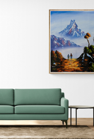 Handmade painting of Mt. Fishtail with Trekkers on Canvas- Nepalese Hand painted painting of Himalayas Ranges for Wall hang, Decor