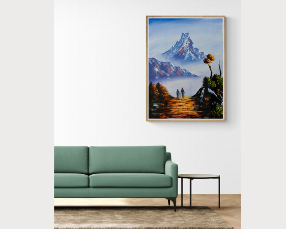 Handmade painting of Mt. Fishtail with Trekkers on Canvas- Nepalese Hand painted painting of Himalayas Ranges for Wall hang, Decor