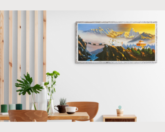 Beautiful Oil painting of Everest with Ama Dablam - Yaks on Suspension Bridge - Nepalese hand painted original landscape painting