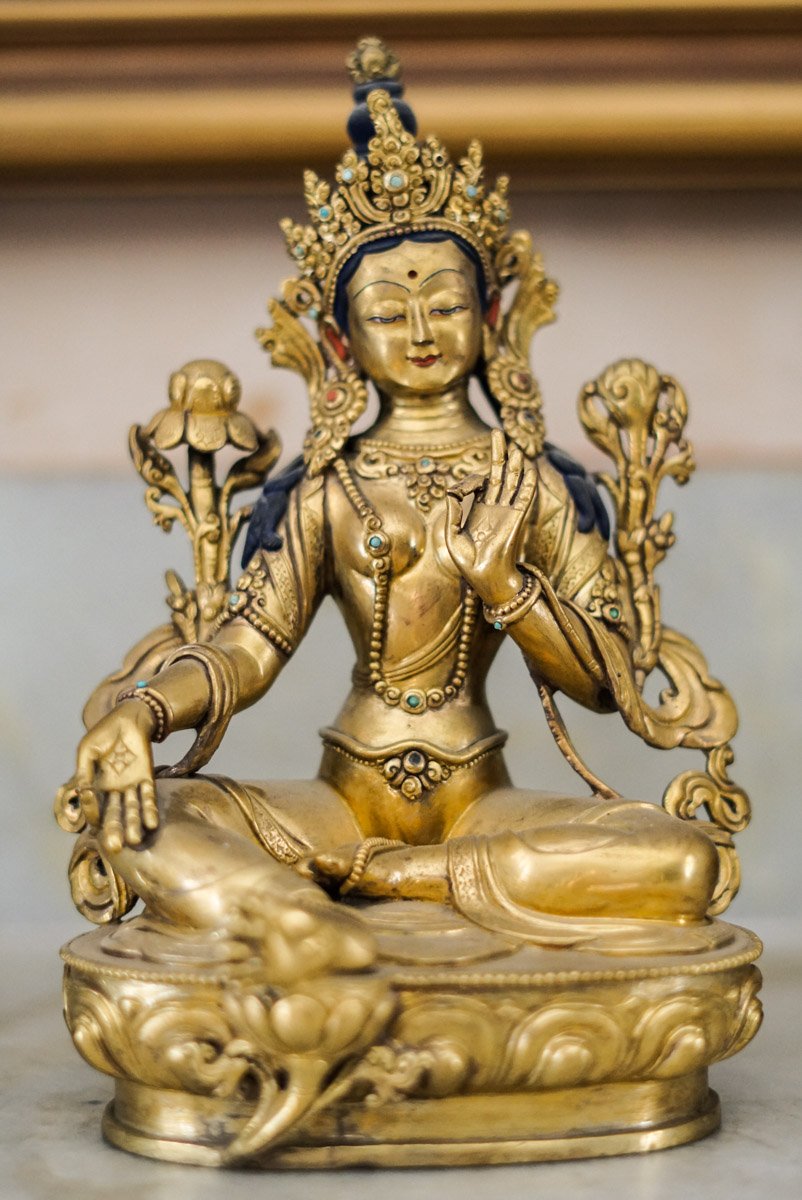Semi Antique Gold Plated Eternal Green Tara Statue - Lucky Thanka