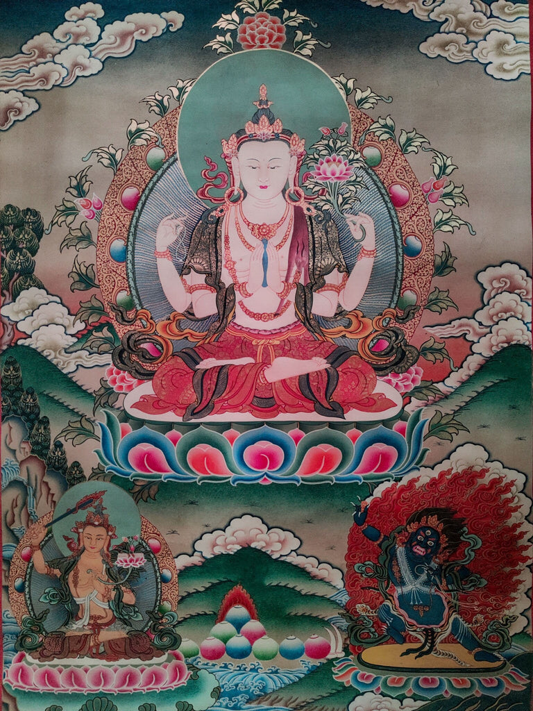 Old Tibetan Chenrezig Painting - Lucky Thanka
