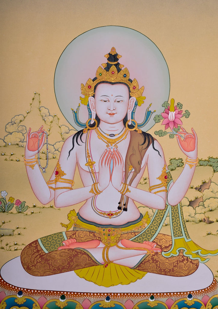 Chenrezig Thangka painting - 4 arm bodhisattva - Lucky Thanka