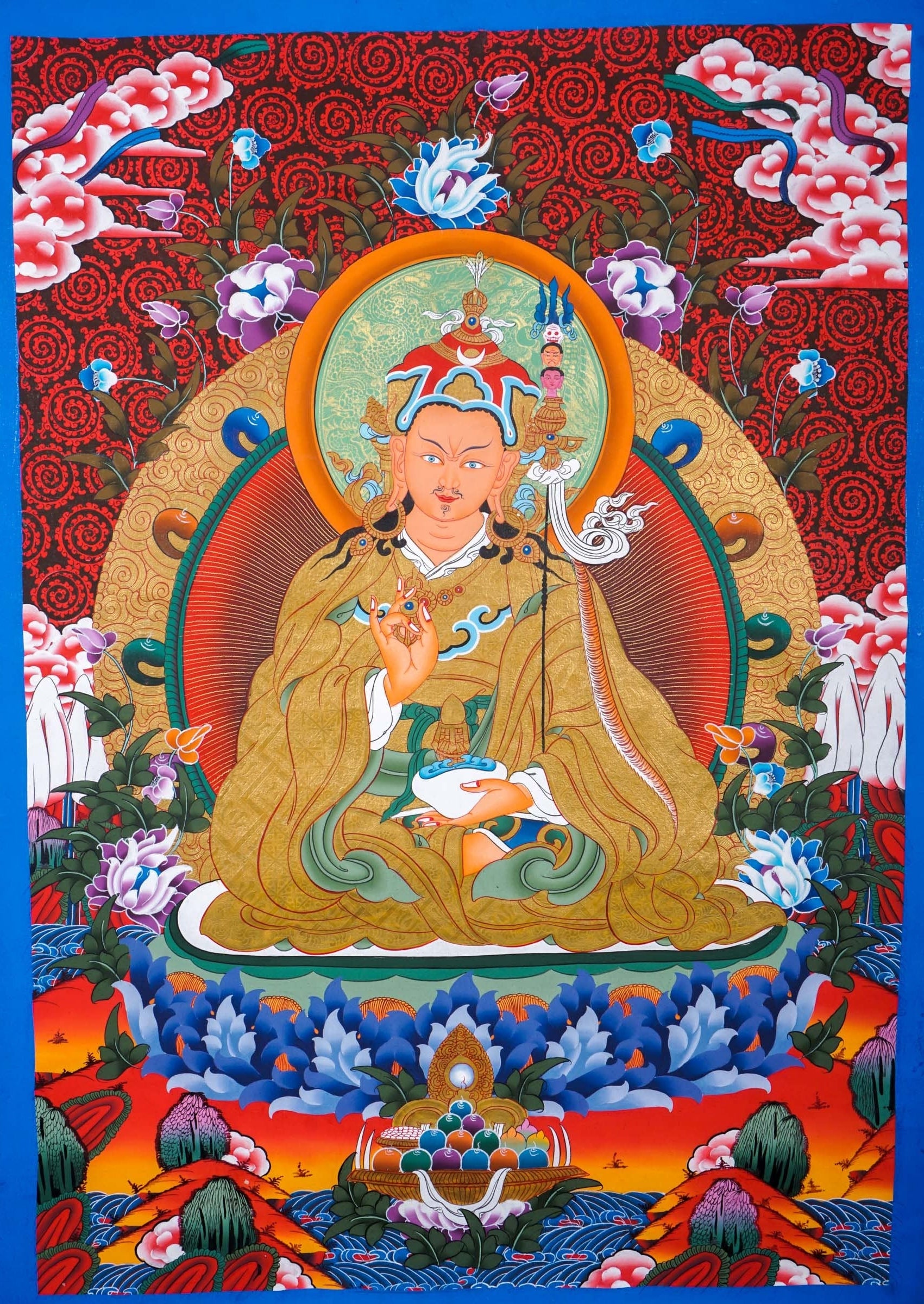 Guru Rinpoche on a lotus flower wall art - Thangka Painting - Lucky Thanka