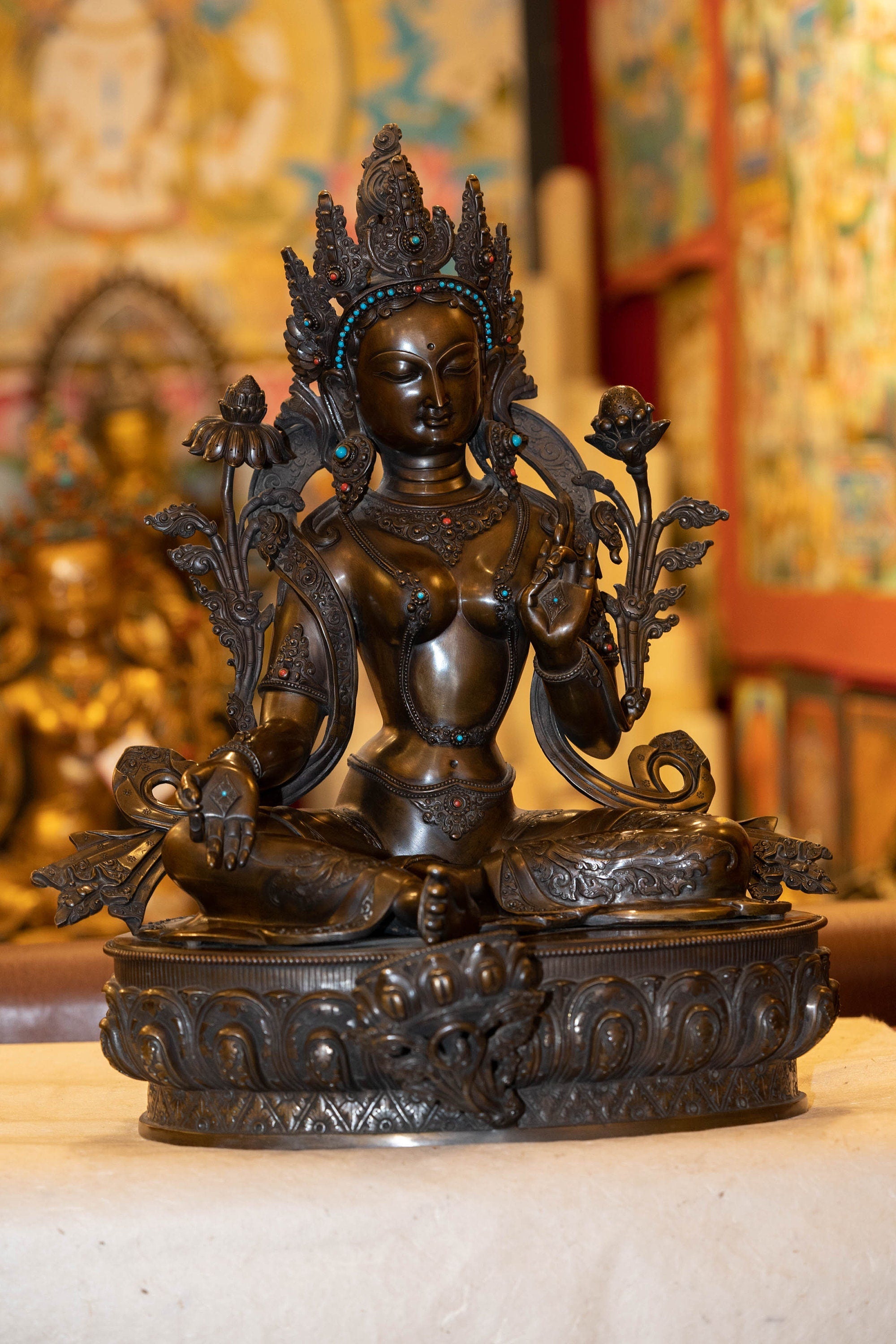 Handcrafted Copper Oxidized Green Tara Statue - Lucky Thanka