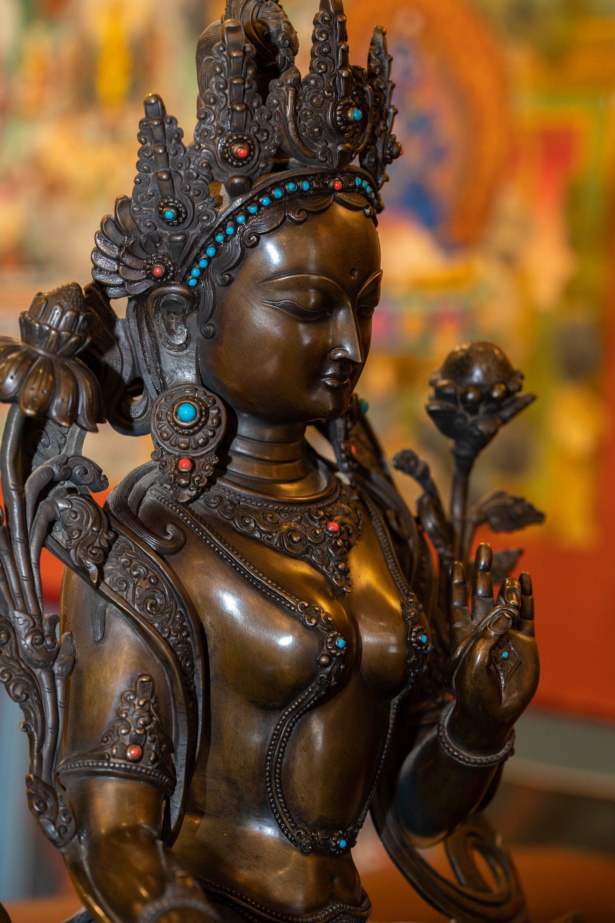 Handcrafted Copper Oxidized Green Tara Statue - Lucky Thanka