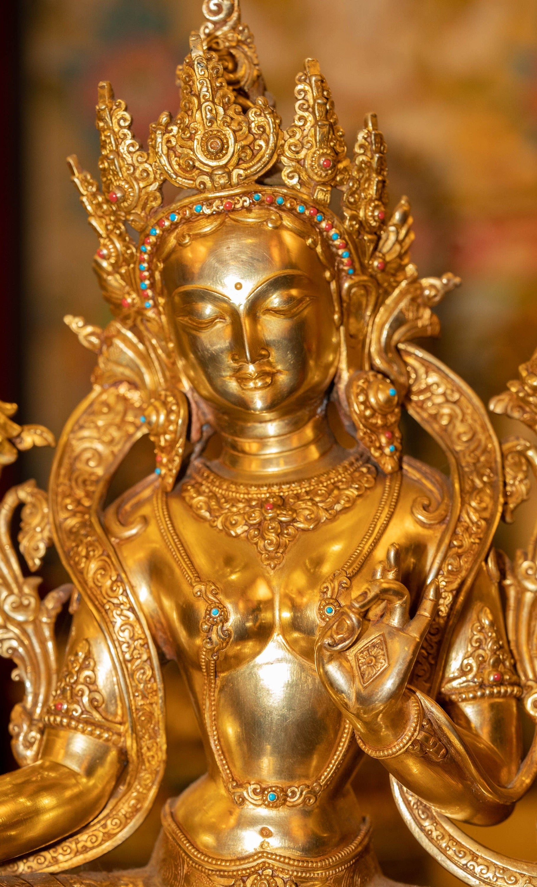 Green Tara Statue with Gold Plating - Lucky Thanka