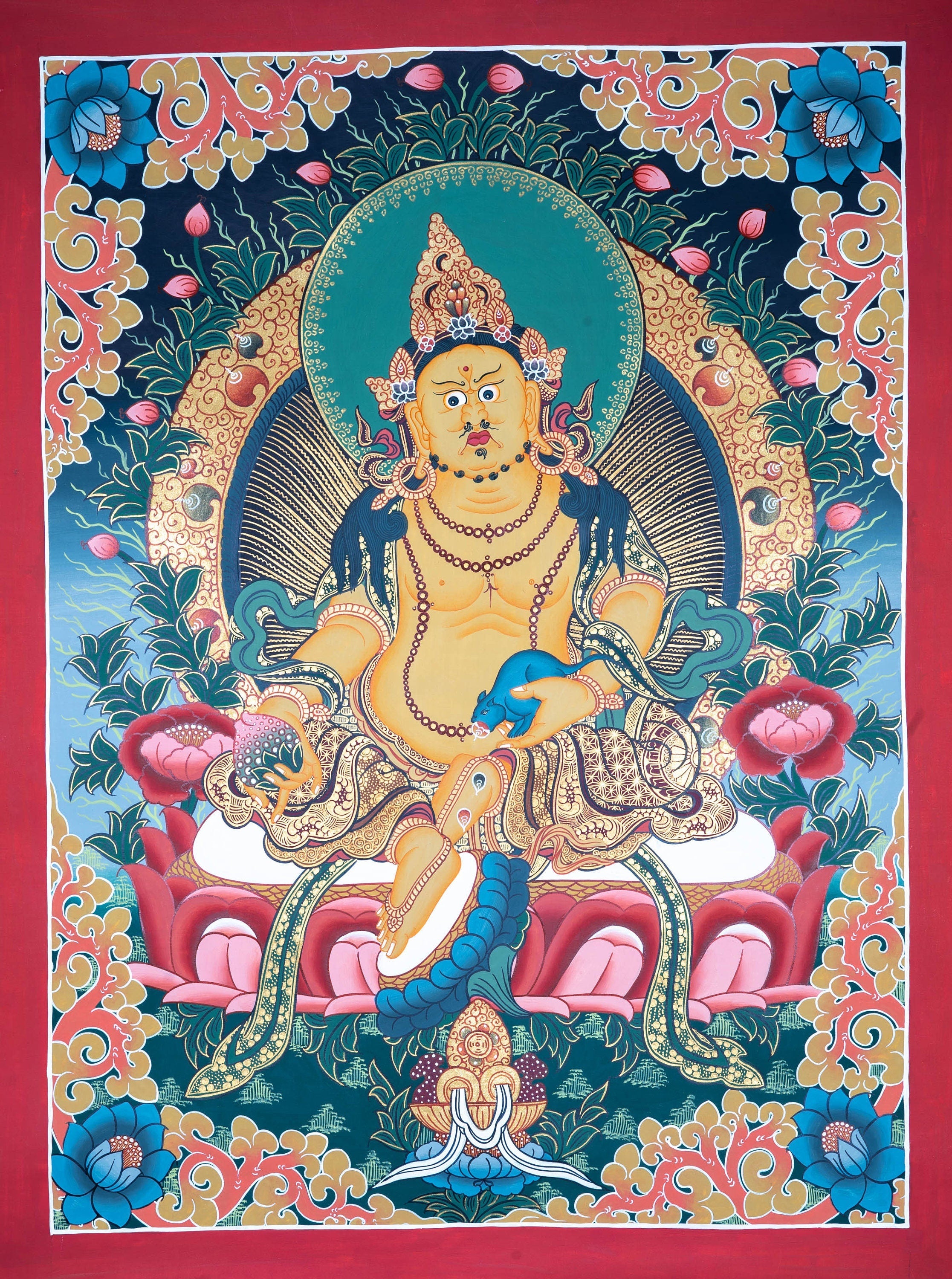 Yellow Zambala Thangka Painting store - Kubera hindu god of wealth | Original thangka painting