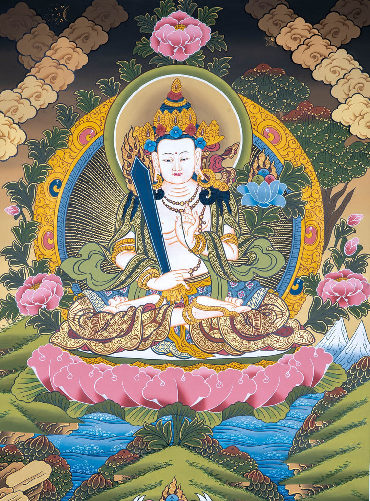 White Manjushri Buddhist Deity Thangka Art - Lucky Thanka