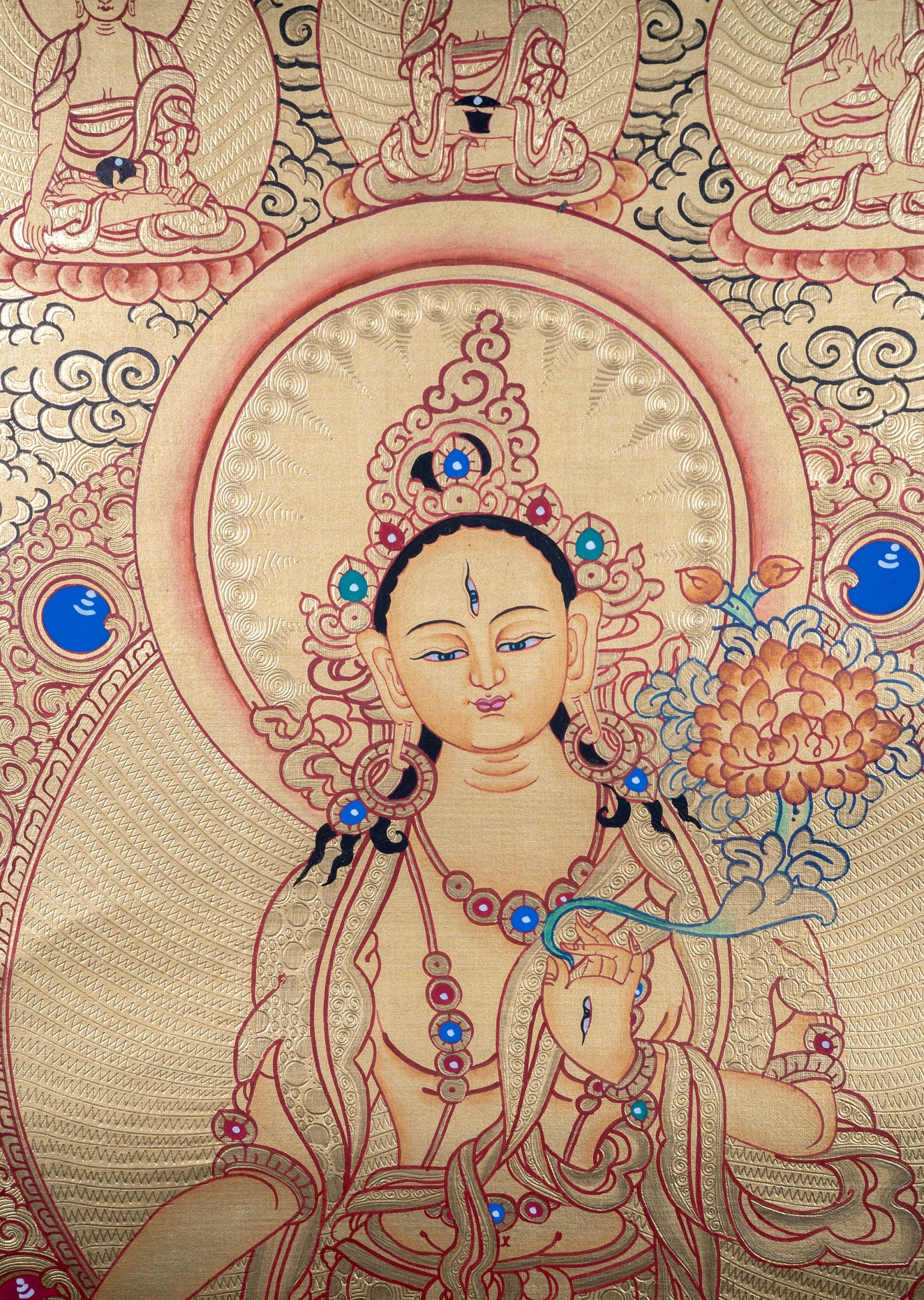 White Tara with Five Buddhas Thangka - Lucky Thanka