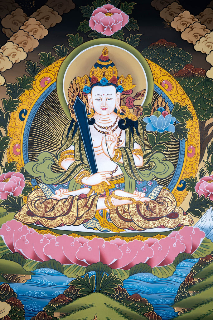 White Manjushri Buddhist Deity Thangka Art - Lucky Thanka
