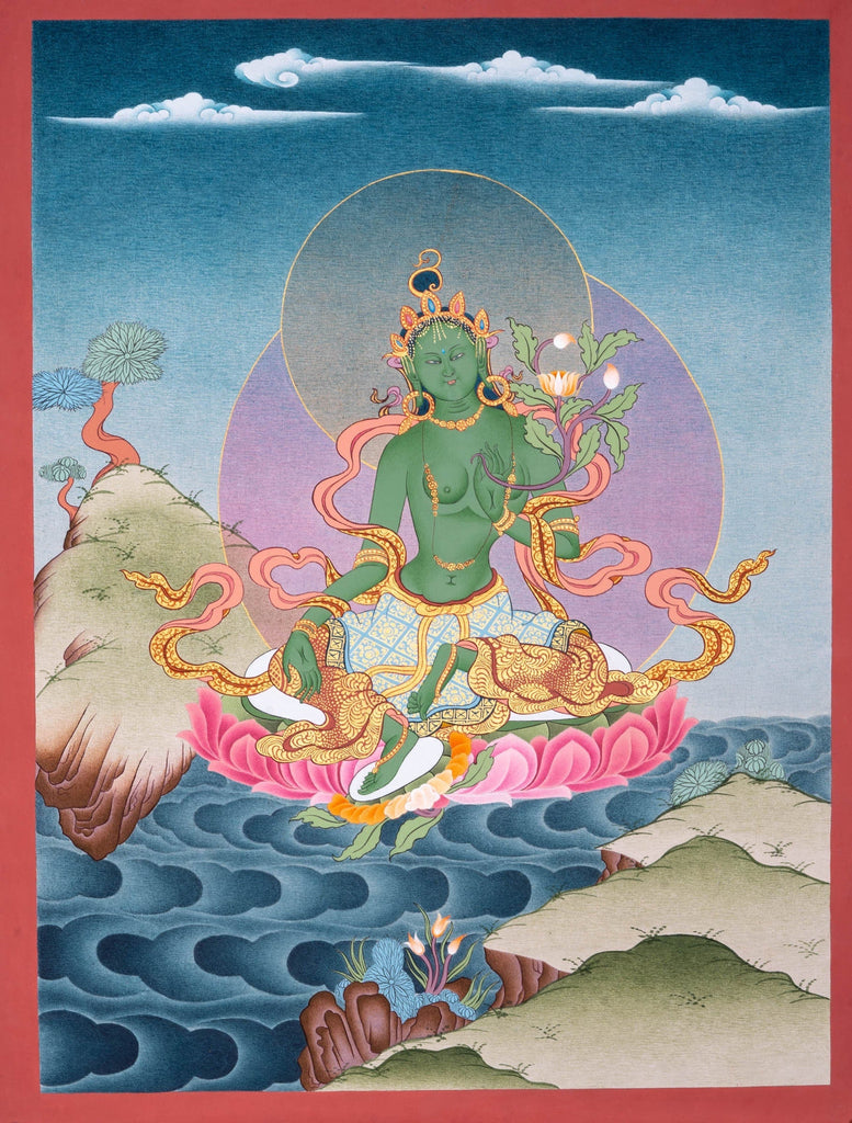 Beautiful Compassionate Green Tara Thangka Painting - Lucky Thanka