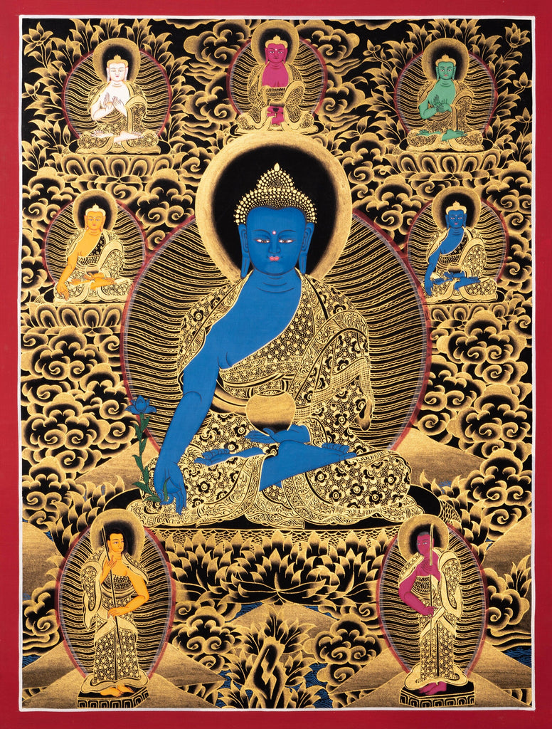Blue Healing Buddha  - Medicine Buddha Thangka Painting - Lucky Thanka