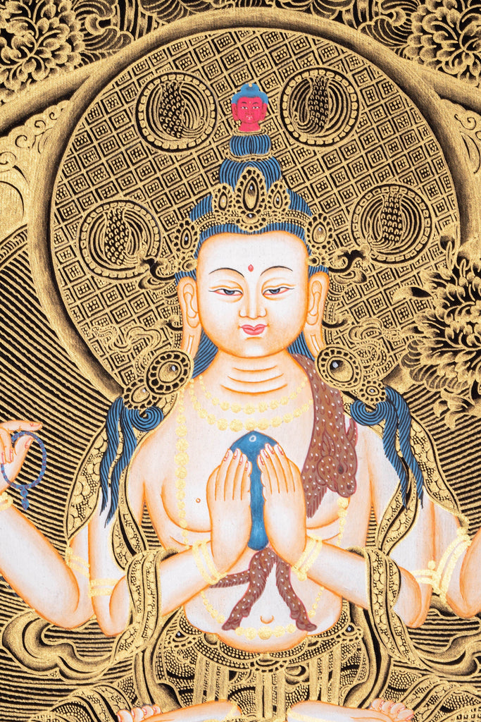 Chenrezig Tibetan Hand Painting - Lucky Thanka