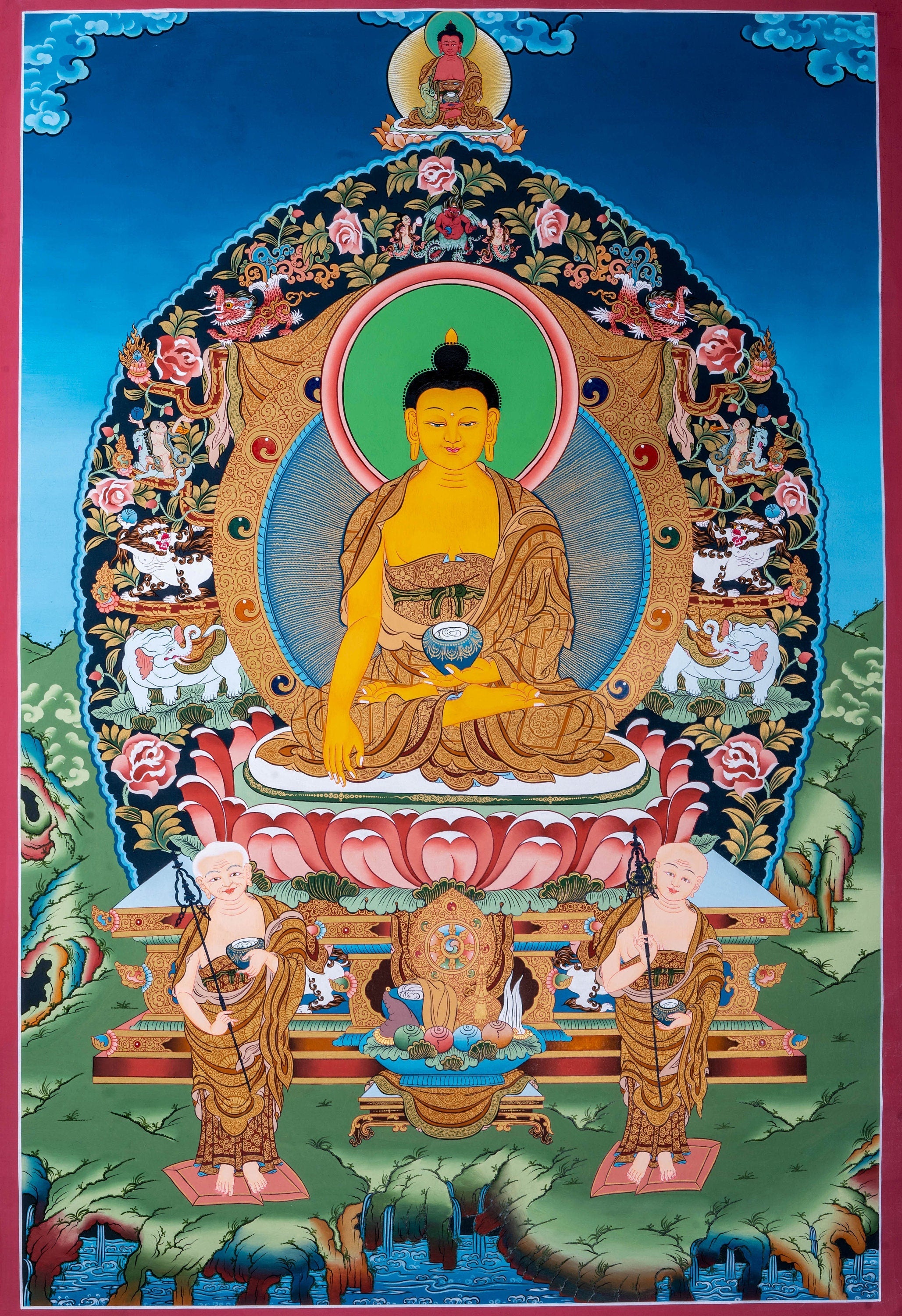 tibetan thangka of Guru Rinpoche, 24k Real Gold, 72 by 50 cm, made by  Cotton Canvas and Natural Colors, Thangka Figure, Padmasambhava