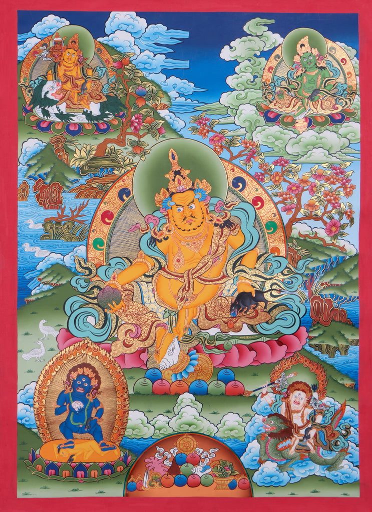 Thangka depicting Five Dzambala - a group of wealth deities - Lucky Thanka