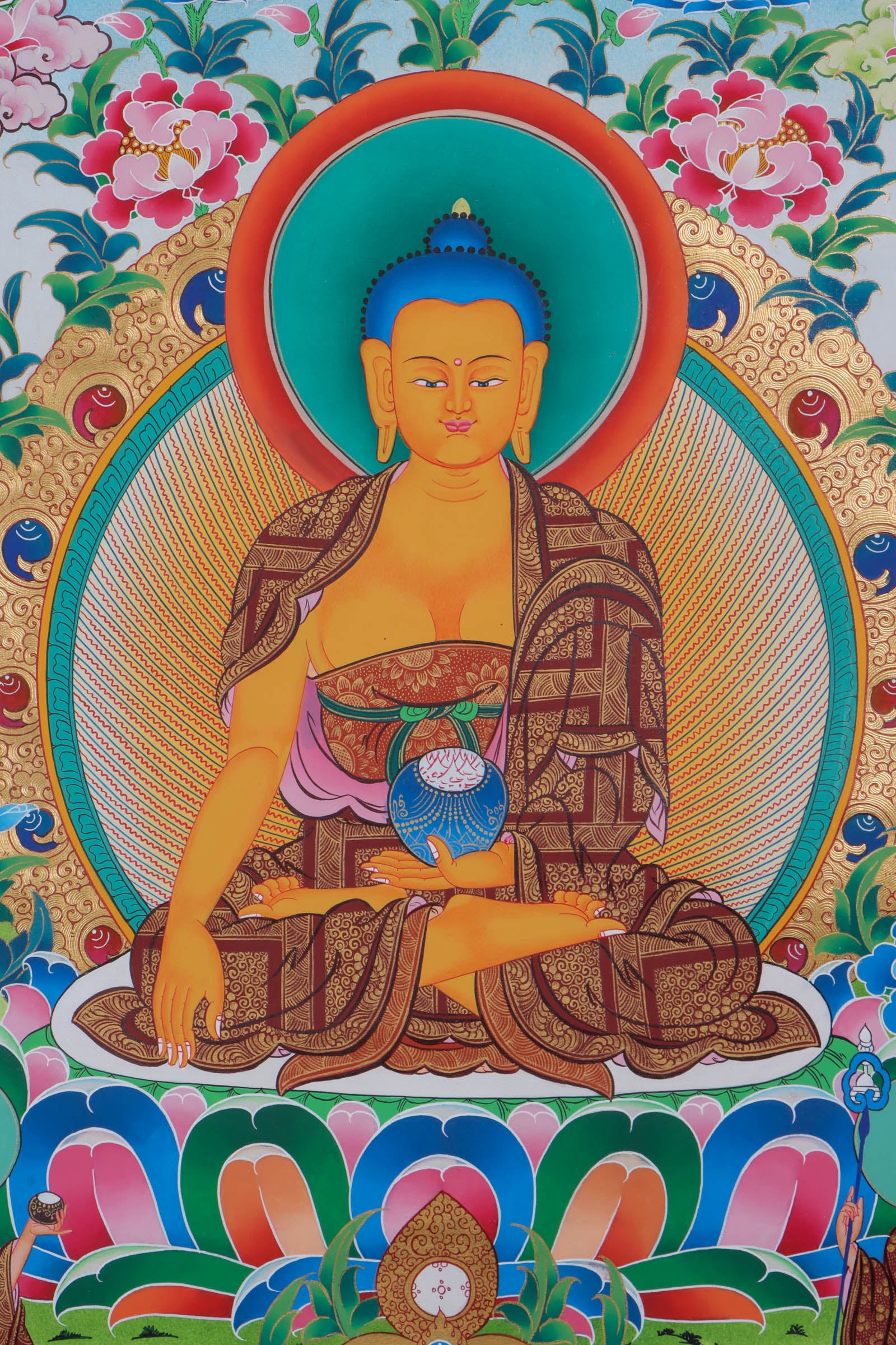 Shakymuni Buddha Thangka Art - Sha Buddha with 5 Dhyani Buddha's - Lucky Thanka