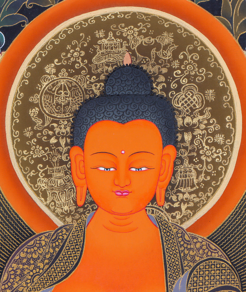 Shakyamuni Buddha Thangka Painting - Sha Buddha with 5 Dhyani Buddha Handpainted Thangka Art - Lucky Thanka