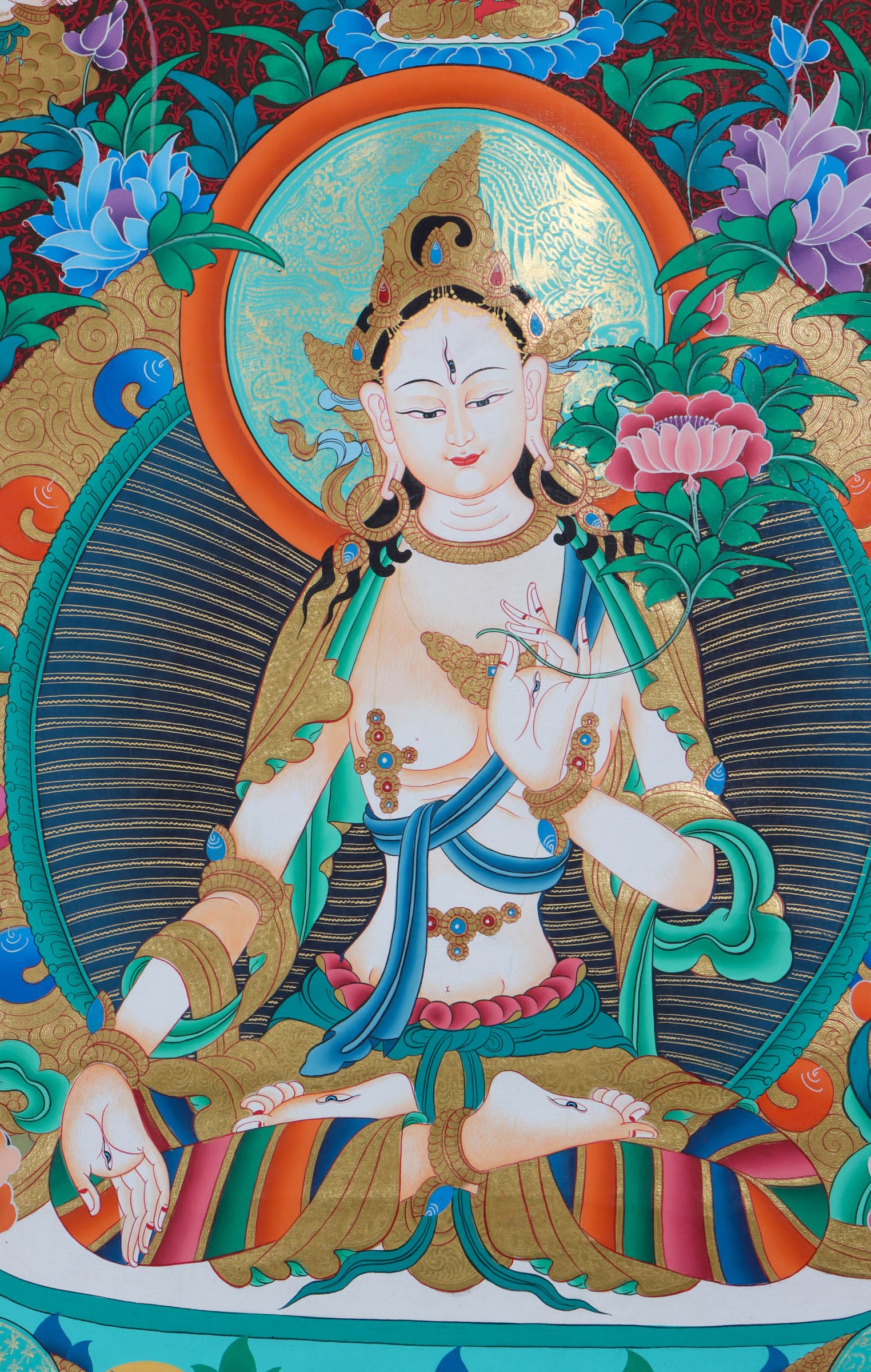 Handpainted White Tara Thangka Art - Painted using natural stone color - Lucky Thanka